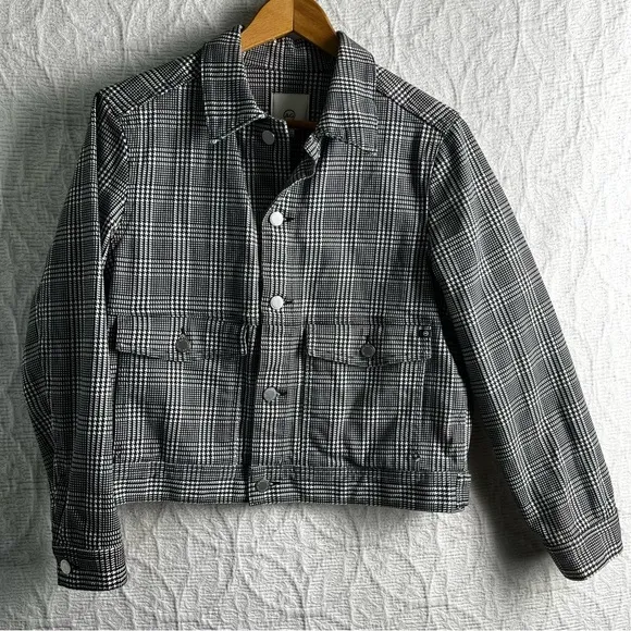 AG Adriano Goldschmied Evonne Black White Houndstooth Denim Jacket Womens Large