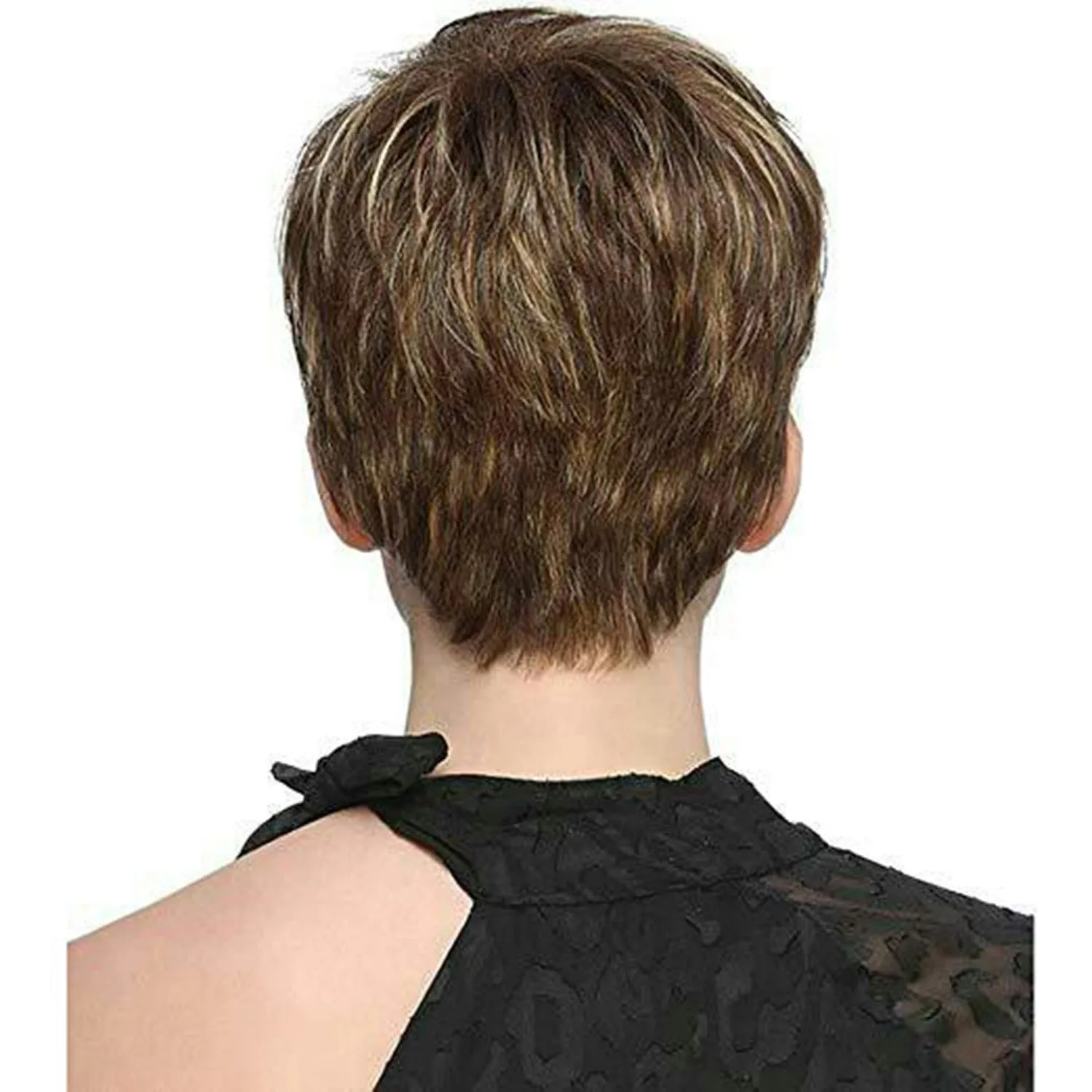 Alejandra | Brown with Blonde Highlight Short Pixie Cut Straight Synthetic Hair Wig With Bangs