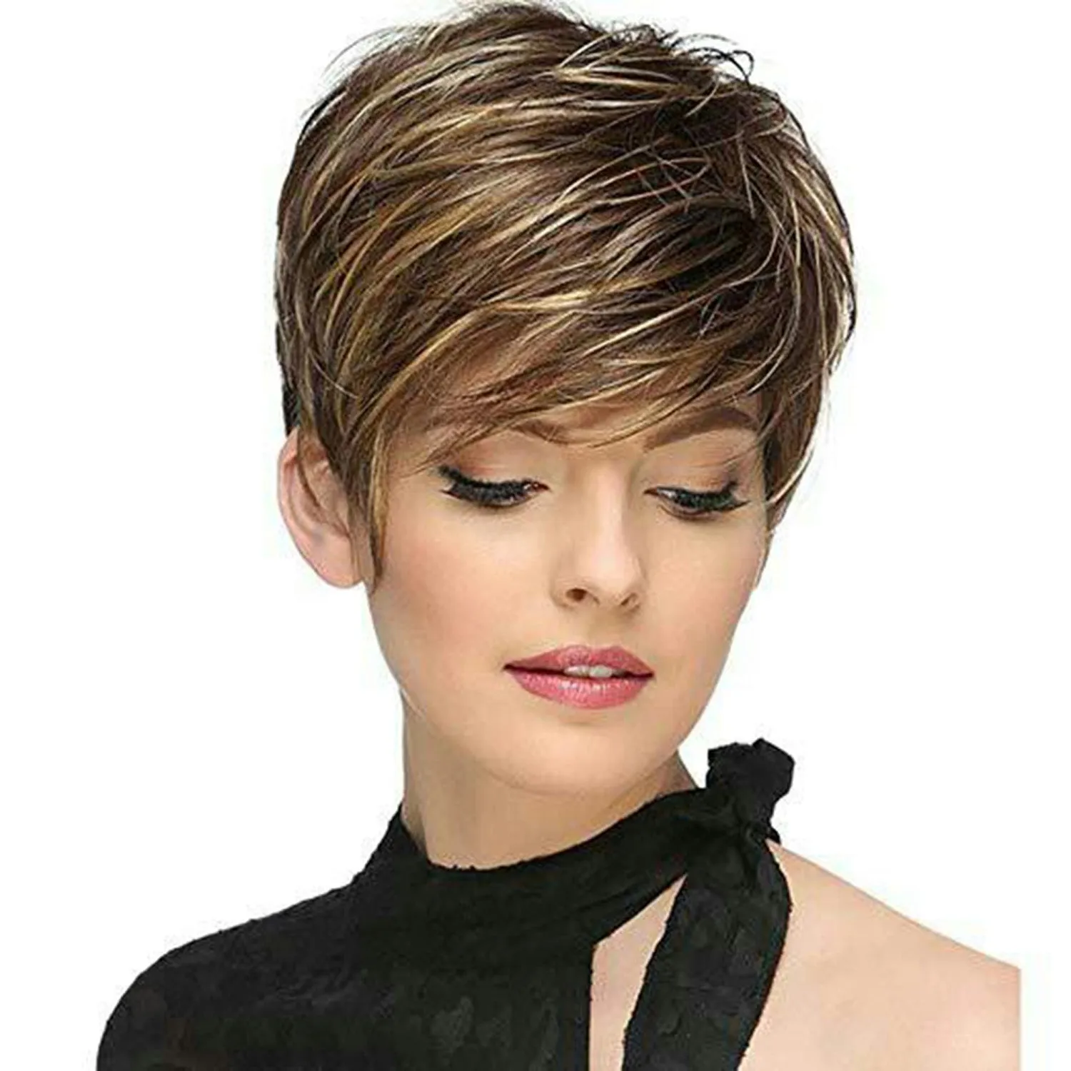 Alejandra | Brown with Blonde Highlight Short Pixie Cut Straight Synthetic Hair Wig With Bangs
