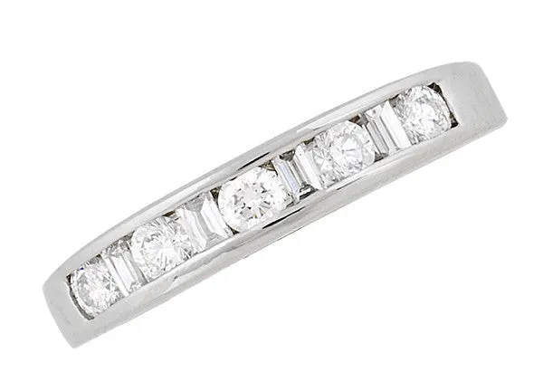 Allendra 1980's Vintage Platinum Diamond Wedding Ring with Channel Set Round and Baguette Diamonds