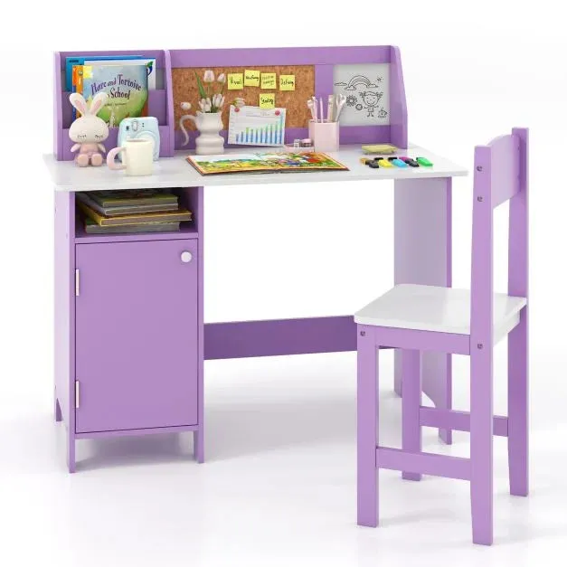Anti-Scratch Kids Desk | Childrens Desk with Storage | Hutch Desk with Ergonomic Spine Supporting Chair | Purple