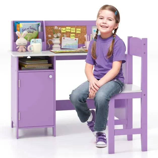 Anti-Scratch Kids Desk | Childrens Desk with Storage | Hutch Desk with Ergonomic Spine Supporting Chair | Purple