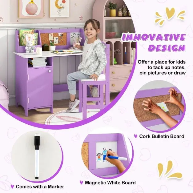 Anti-Scratch Kids Desk | Childrens Desk with Storage | Hutch Desk with Ergonomic Spine Supporting Chair | Purple