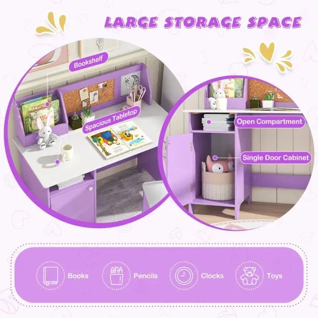 Anti-Scratch Kids Desk | Childrens Desk with Storage | Hutch Desk with Ergonomic Spine Supporting Chair | Purple