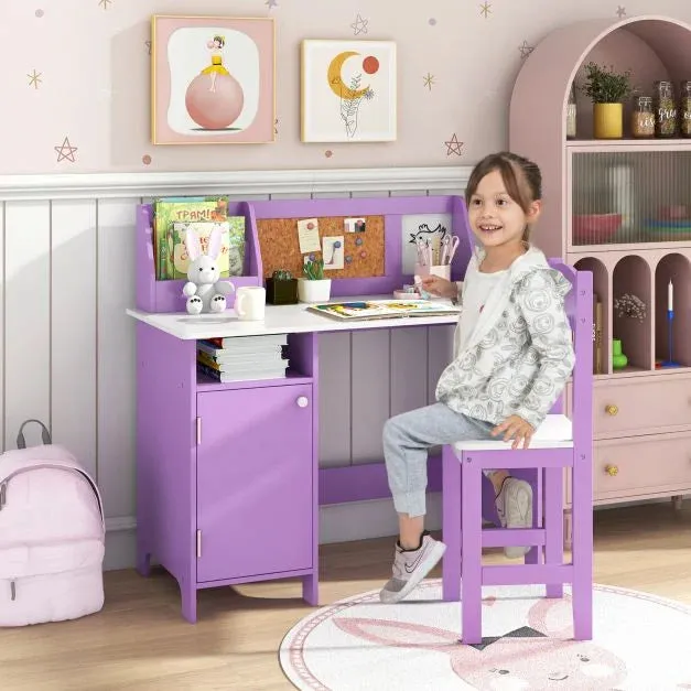 Anti-Scratch Kids Desk | Childrens Desk with Storage | Hutch Desk with Ergonomic Spine Supporting Chair | Purple