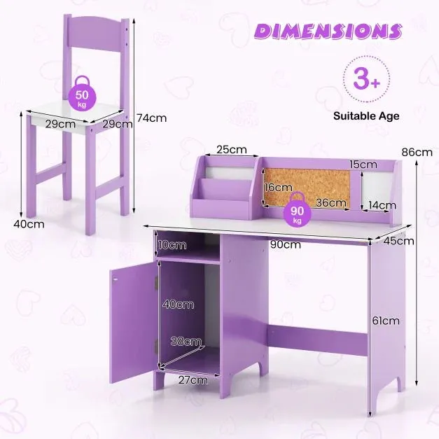 Anti-Scratch Kids Desk | Childrens Desk with Storage | Hutch Desk with Ergonomic Spine Supporting Chair | Purple