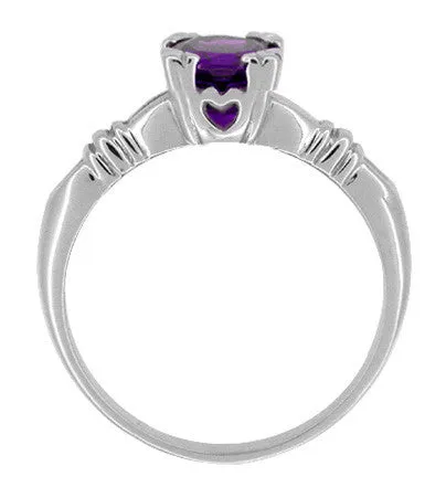 Art Deco Hearts and Clovers Amethyst Solitaire Promise Ring in Sterling Silver
