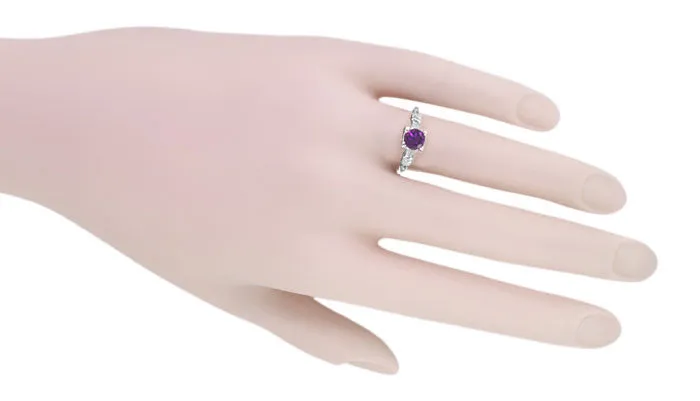 Art Deco Hearts and Clovers Amethyst Solitaire Promise Ring in Sterling Silver