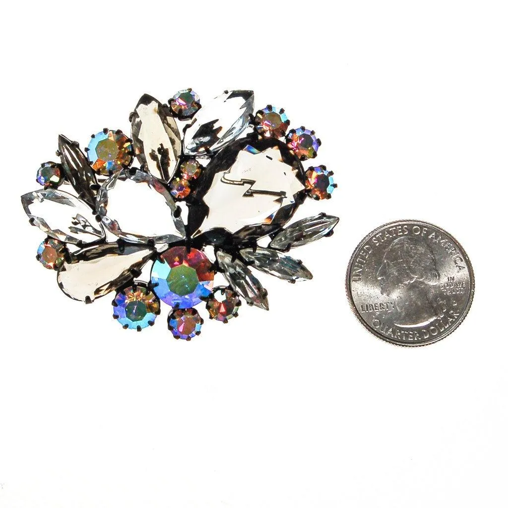 Aurora Borealis, Clear Crystal, Diamante, and Smoke Rhinestone Brooch