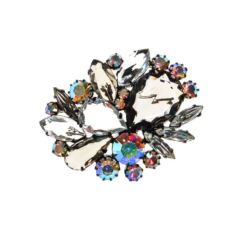 Aurora Borealis, Clear Crystal, Diamante, and Smoke Rhinestone Brooch
