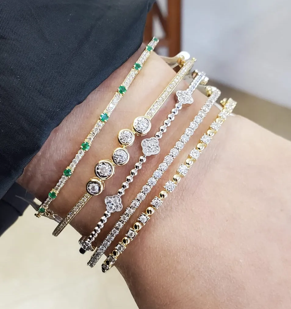 Beaded Station Diamond Clover Gold Bangle Bracelet
