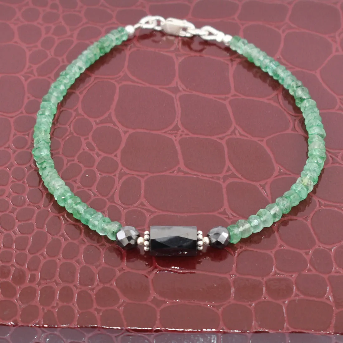 Black Diamond & Emerald Gemstone Sterling Silver Bracelet!Great Combination !