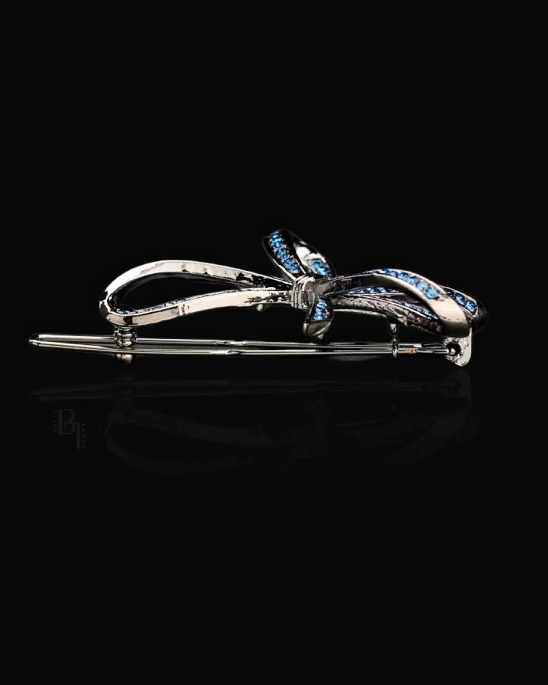 Blue Crystal Ribbon 14k White Gold Hair Pin with Set of Signature Silver Bobby Pins