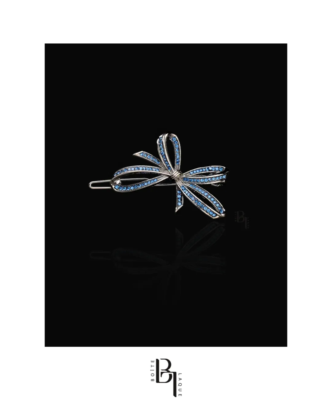 Blue Crystal Ribbon 14k White Gold Hair Pin with Set of Signature Silver Bobby Pins