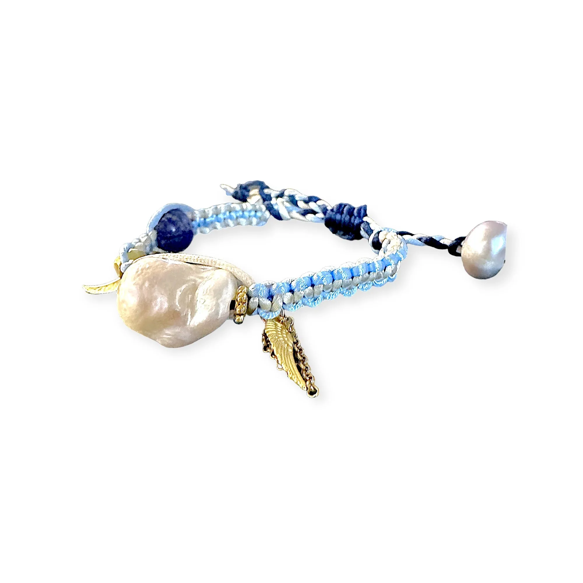 Blue Sky Angel Baroque Pearl Lucky Charm Lapis and Gold Silk Rocker Bracelet