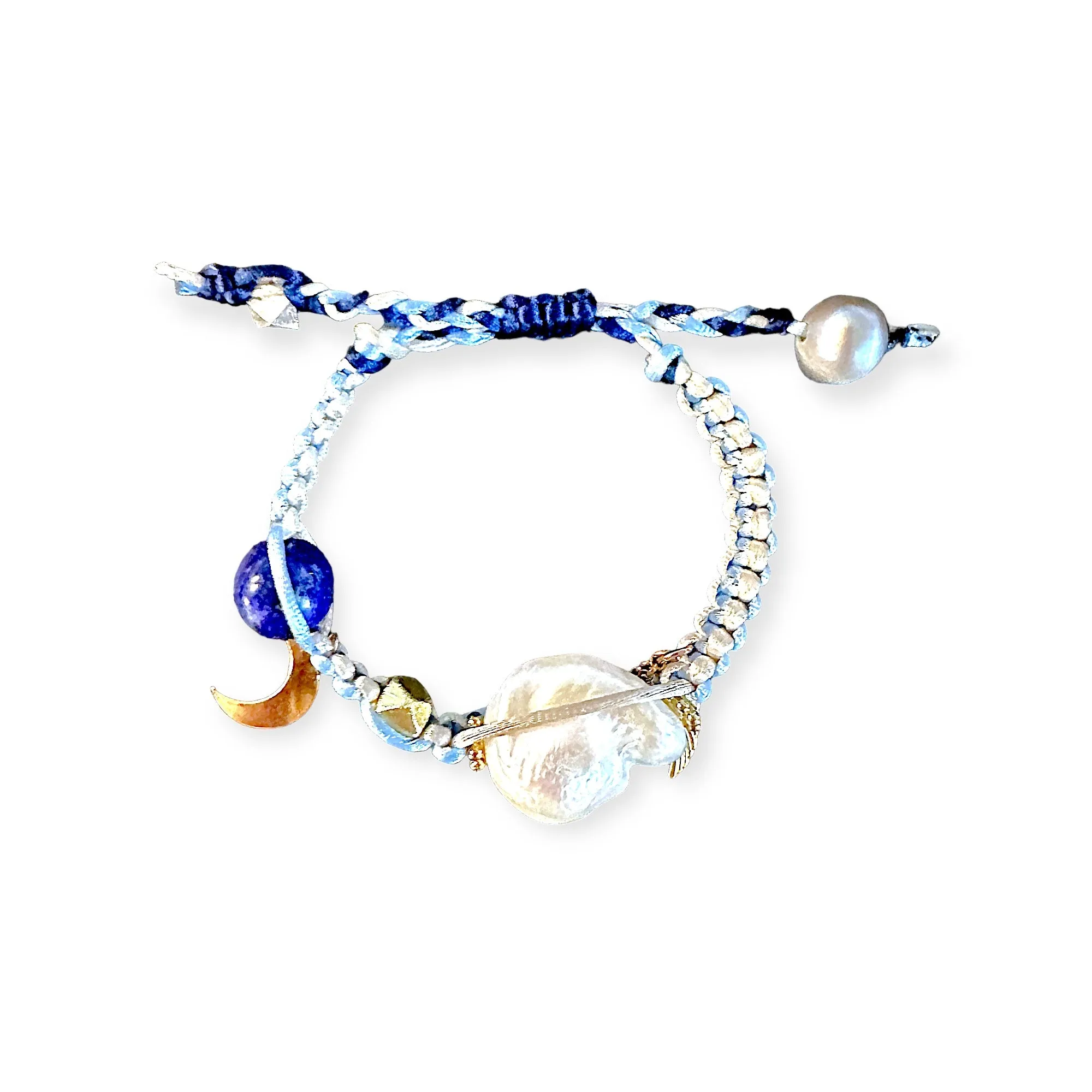 Blue Sky Angel Baroque Pearl Lucky Charm Lapis and Gold Silk Rocker Bracelet