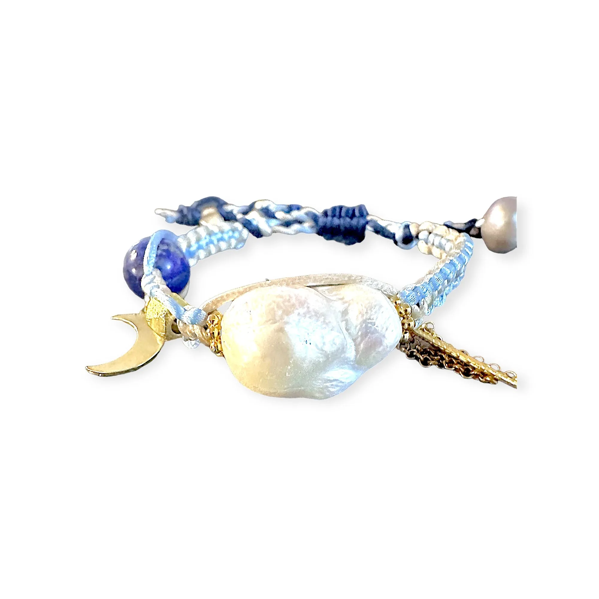 Blue Sky Angel Baroque Pearl Lucky Charm Lapis and Gold Silk Rocker Bracelet