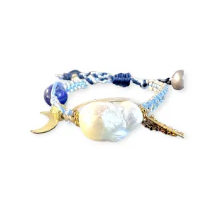 Blue Sky Angel Baroque Pearl Lucky Charm Lapis and Gold Silk Rocker Bracelet