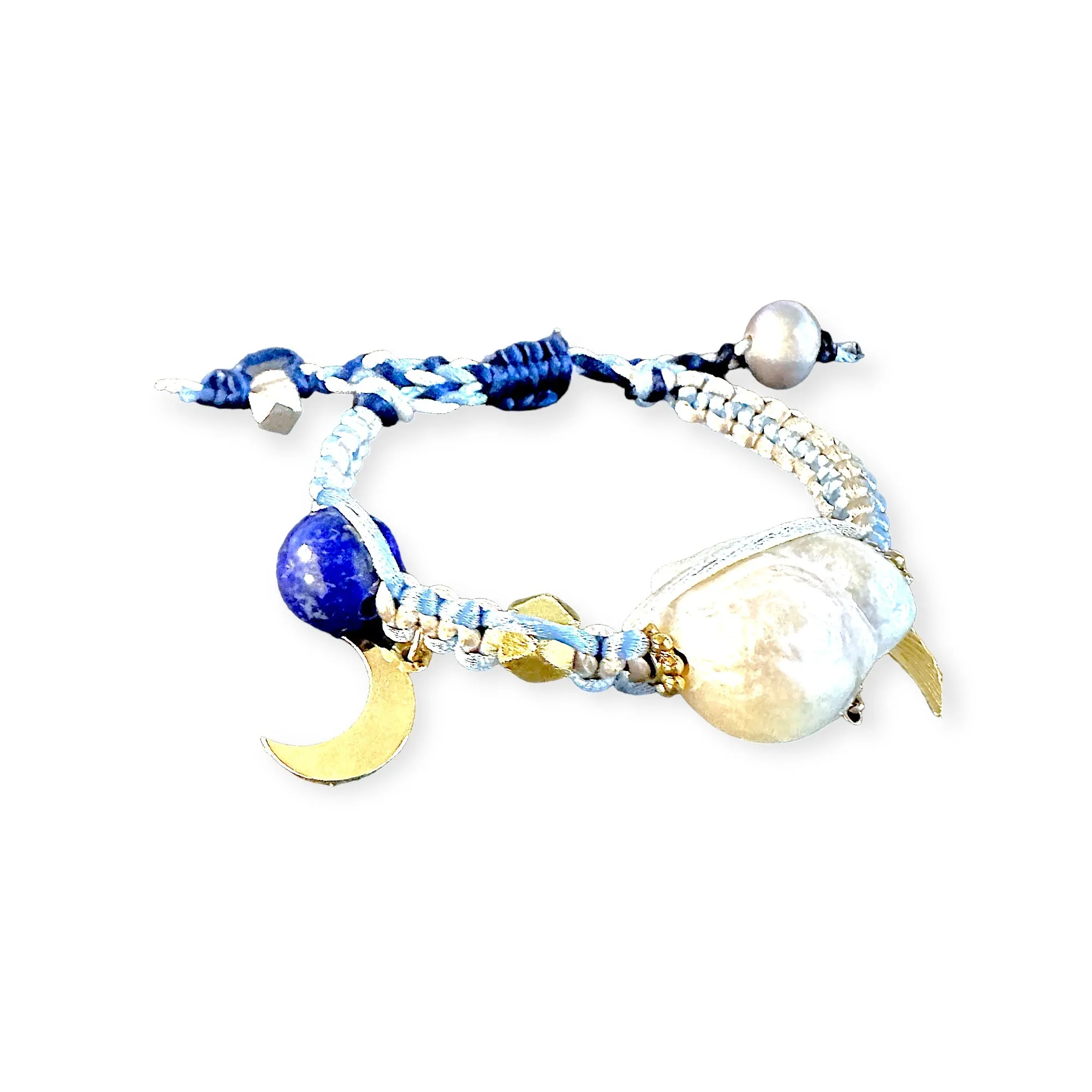 Blue Sky Angel Baroque Pearl Lucky Charm Lapis and Gold Silk Rocker Bracelet