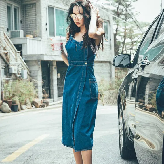 Blue Summer American Apparel High Waist Casual Long Dress