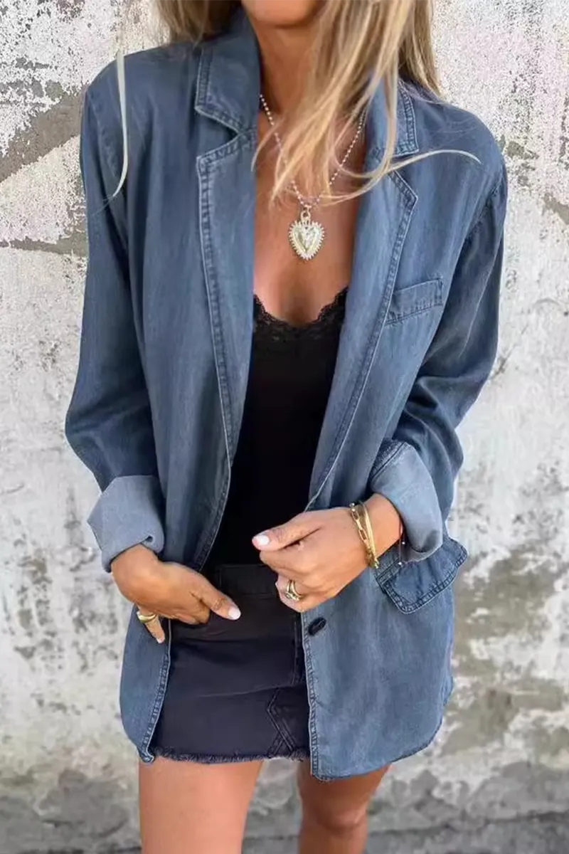 Casual Daily Solid Color Buttons Patchwork Turn-back Collar Long Sleeve Loose Denim Jacket(4 Colors)