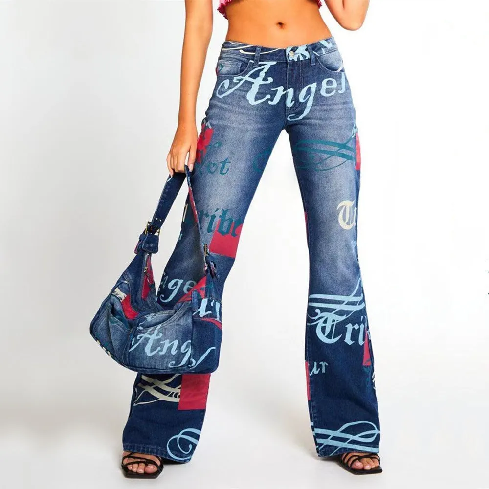 Casual Letter Print High Waist Pants