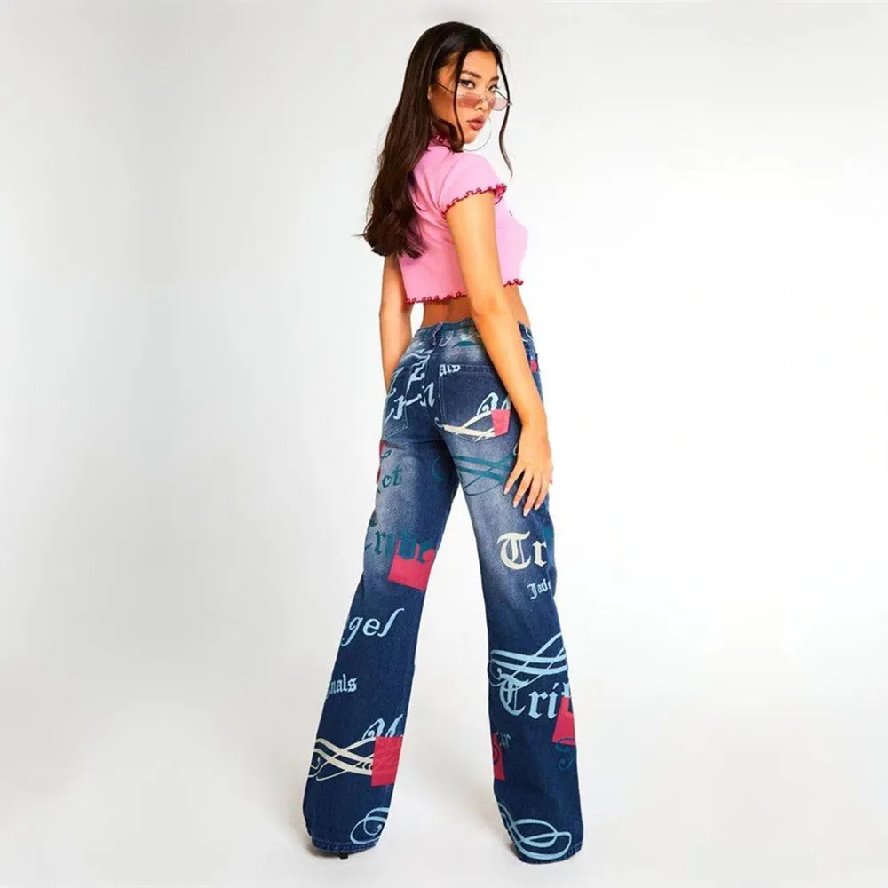 Casual Letter Print High Waist Pants