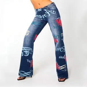 Casual Letter Print High Waist Pants