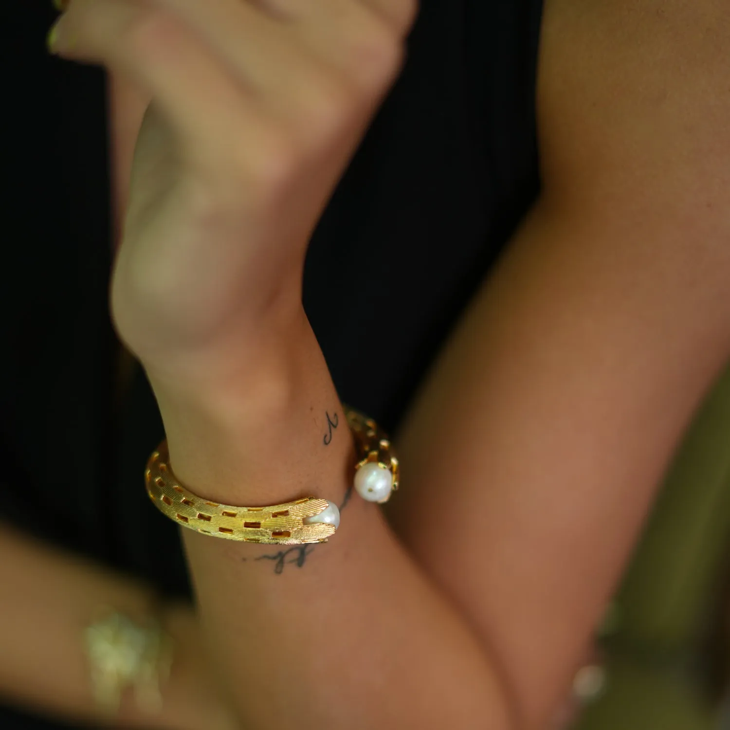 Cleopatra Gold & Pearl Chunky Cuff Design Bracelet