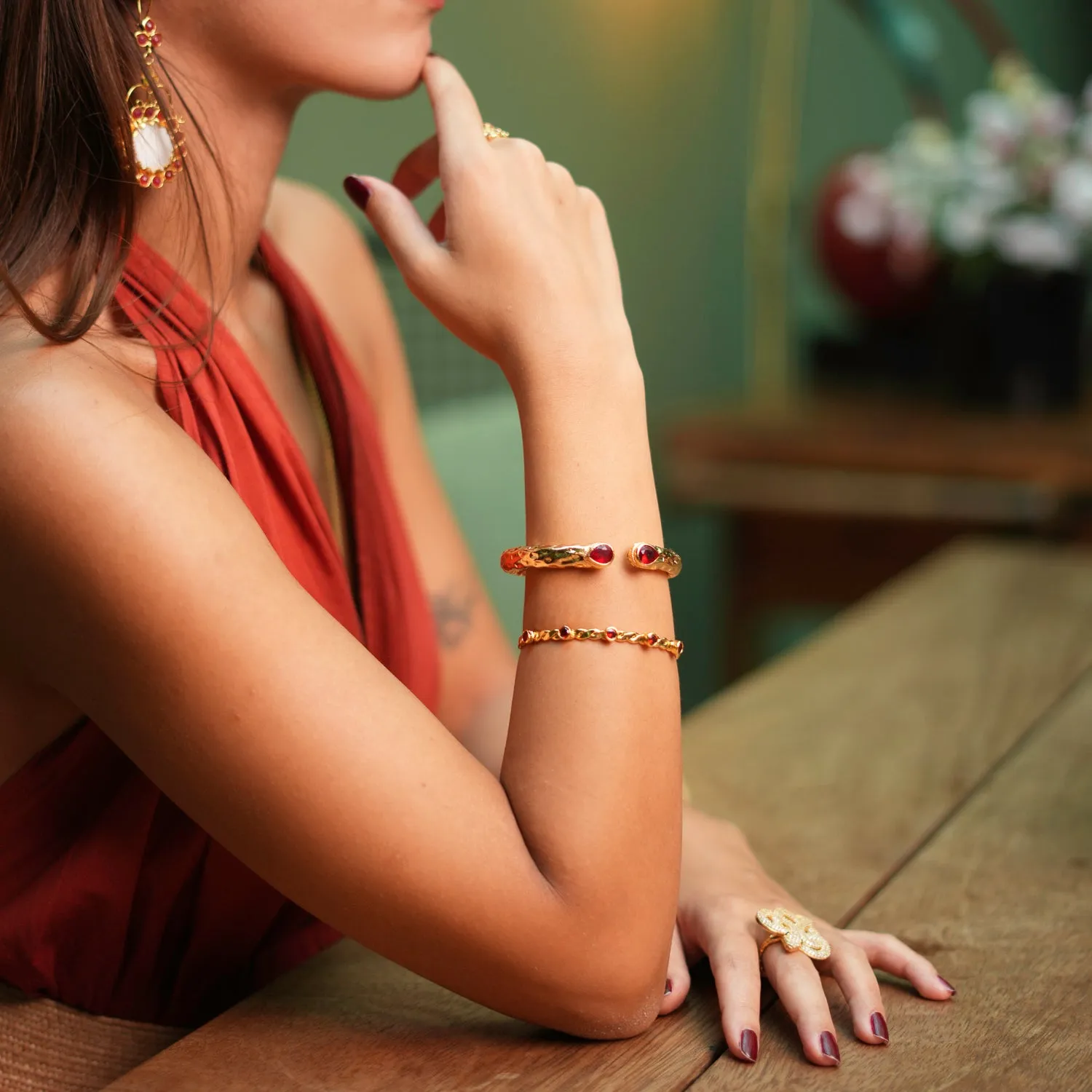 Cleopatra Ruby Stone & Gold Cuff Chunky Bracelet