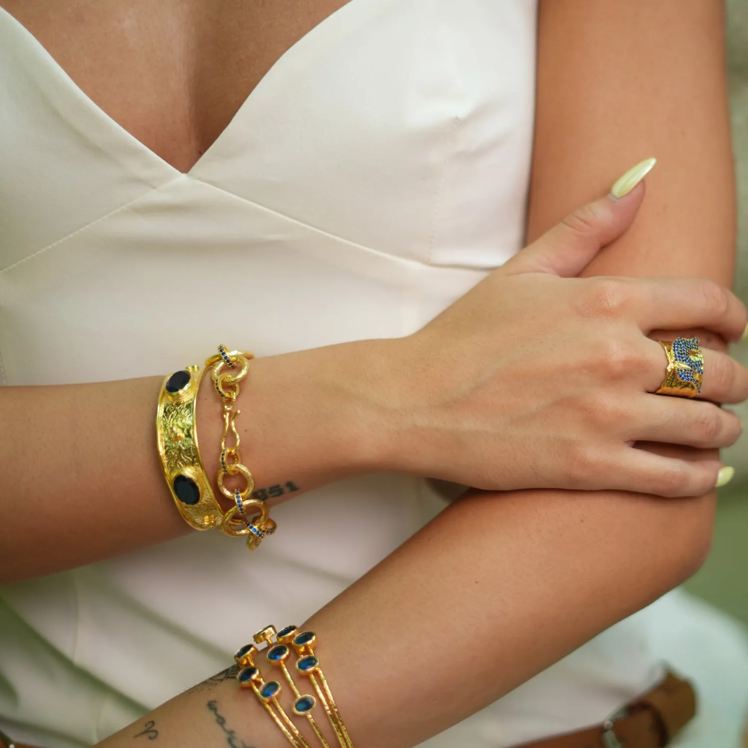 Cleopatra Sapphire Gemstone & Gold Antique Cuff Bracelet