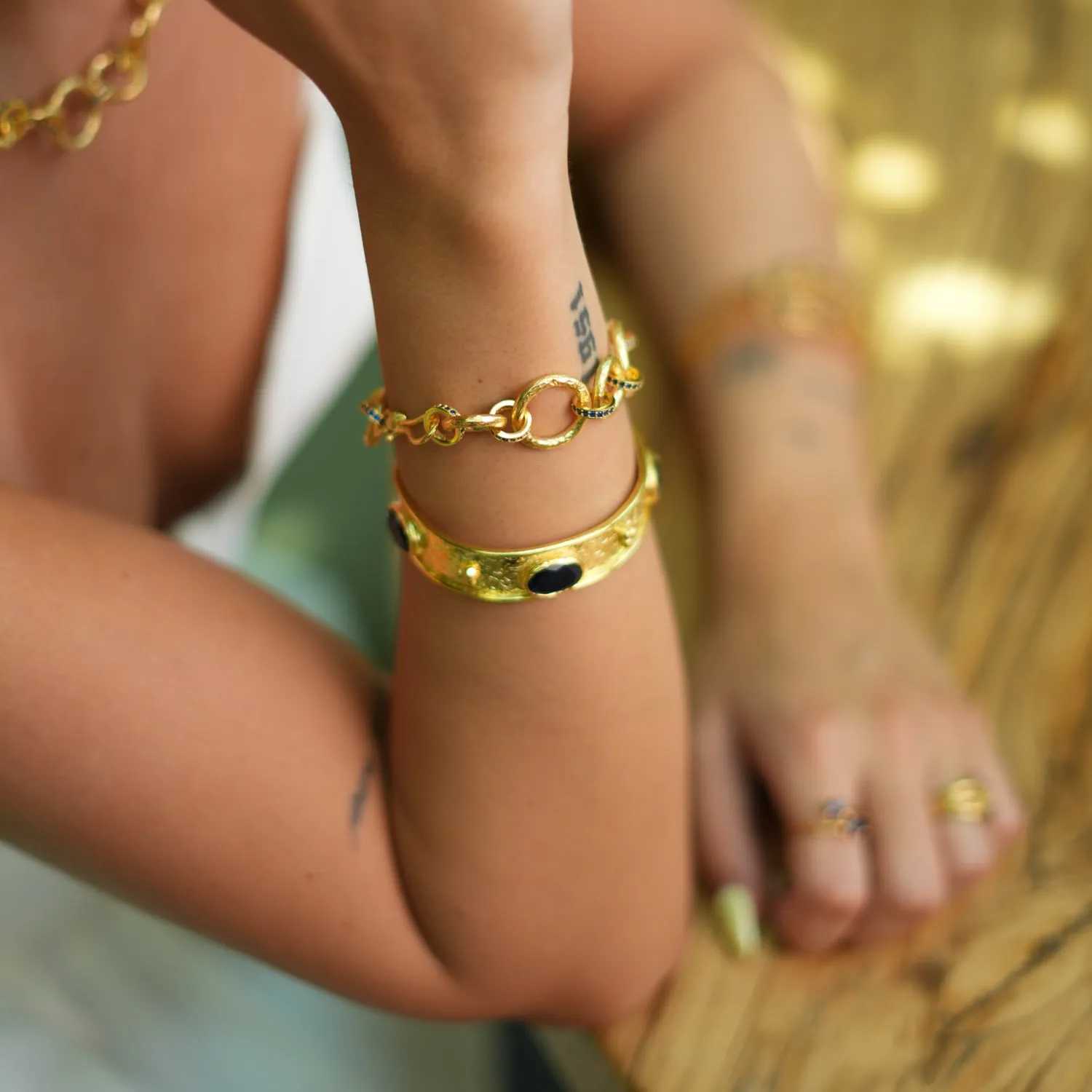 Cleopatra Sapphire Gemstone & Gold Antique Cuff Bracelet