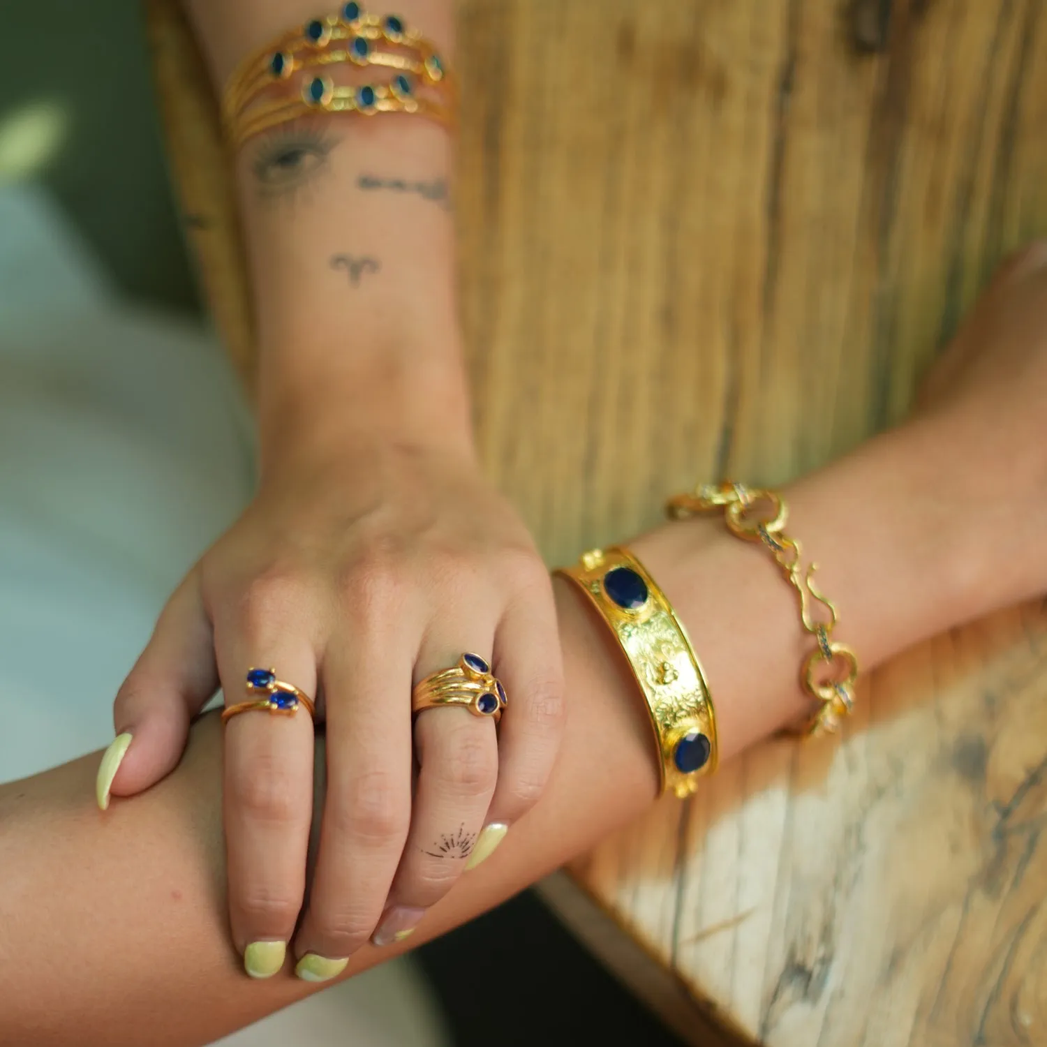 Cleopatra Sapphire Gemstone & Gold Antique Cuff Bracelet