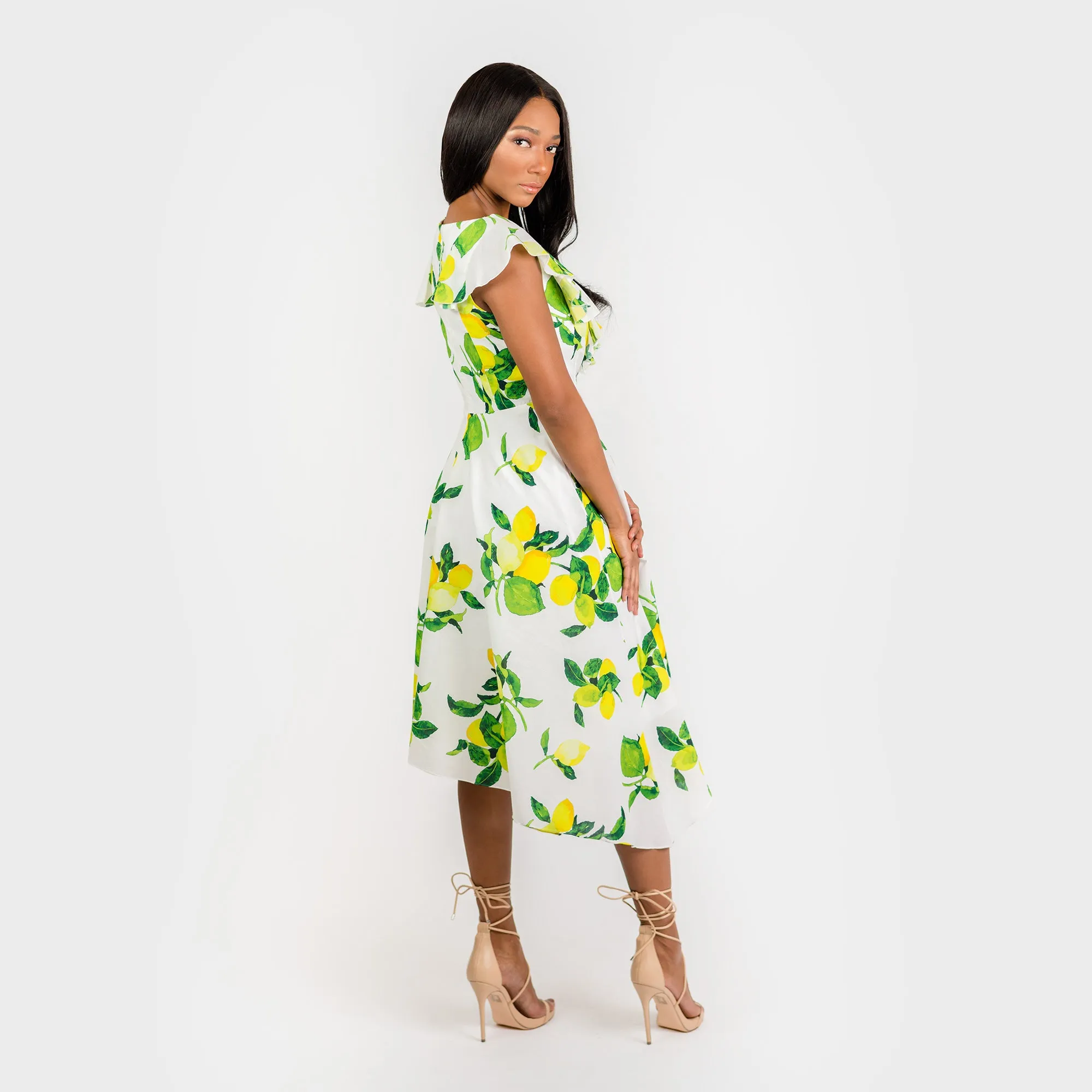 CN7177 Ruffled Nkline Sharkbite Hem Dress