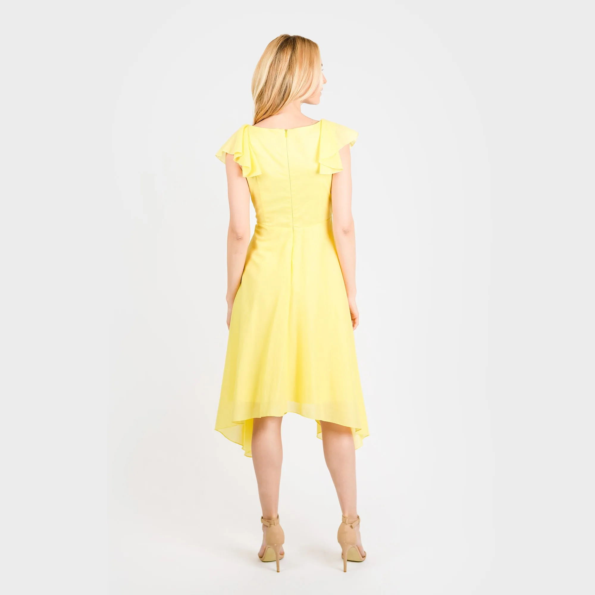 CN7177 Ruffled Nkline Sharkbite Hem Dress