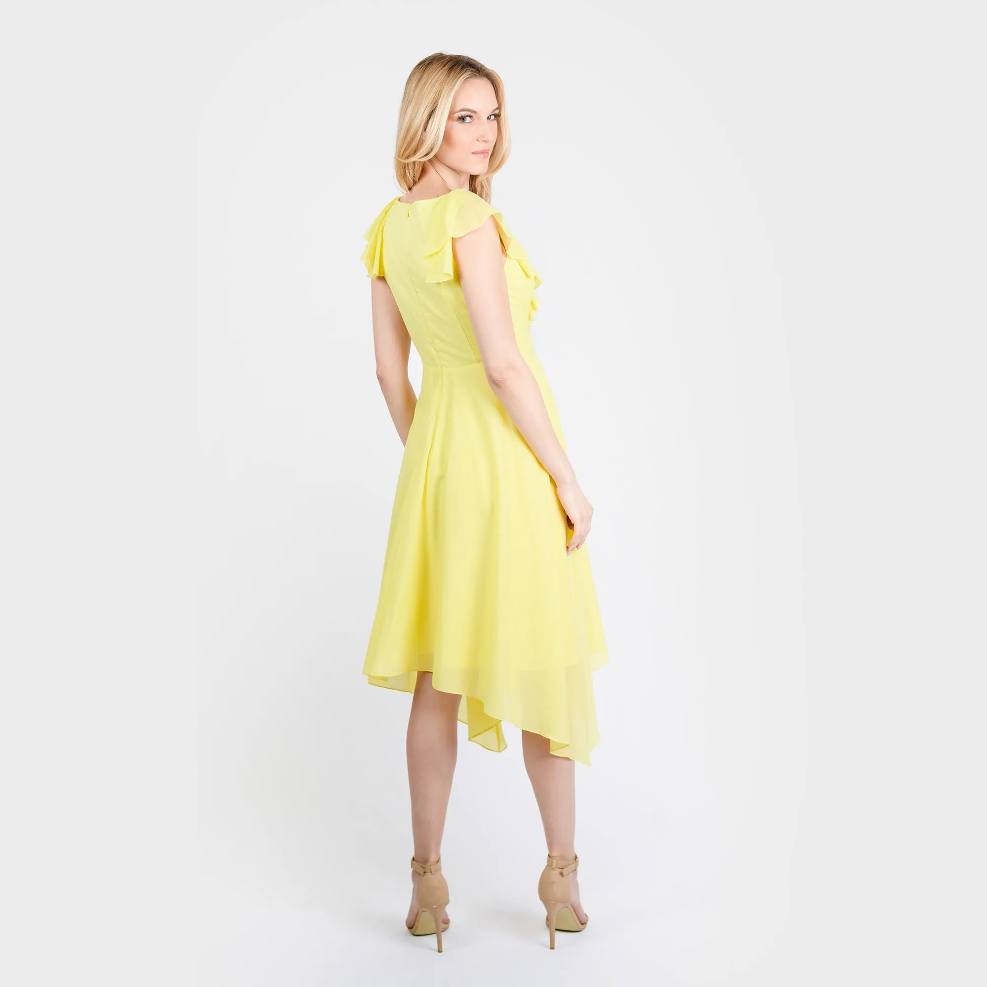 CN7177 Ruffled Nkline Sharkbite Hem Dress