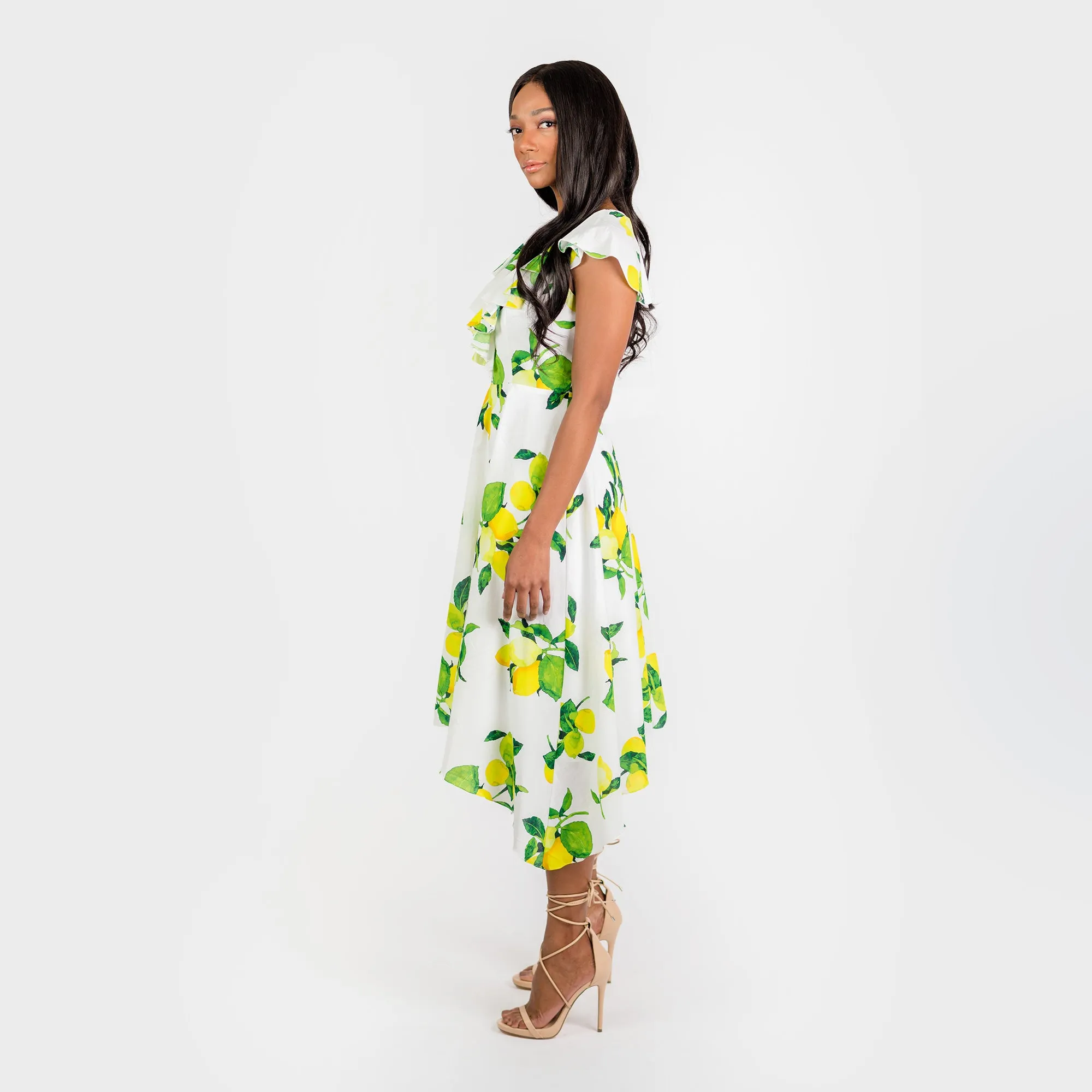 CN7177 Ruffled Nkline Sharkbite Hem Dress