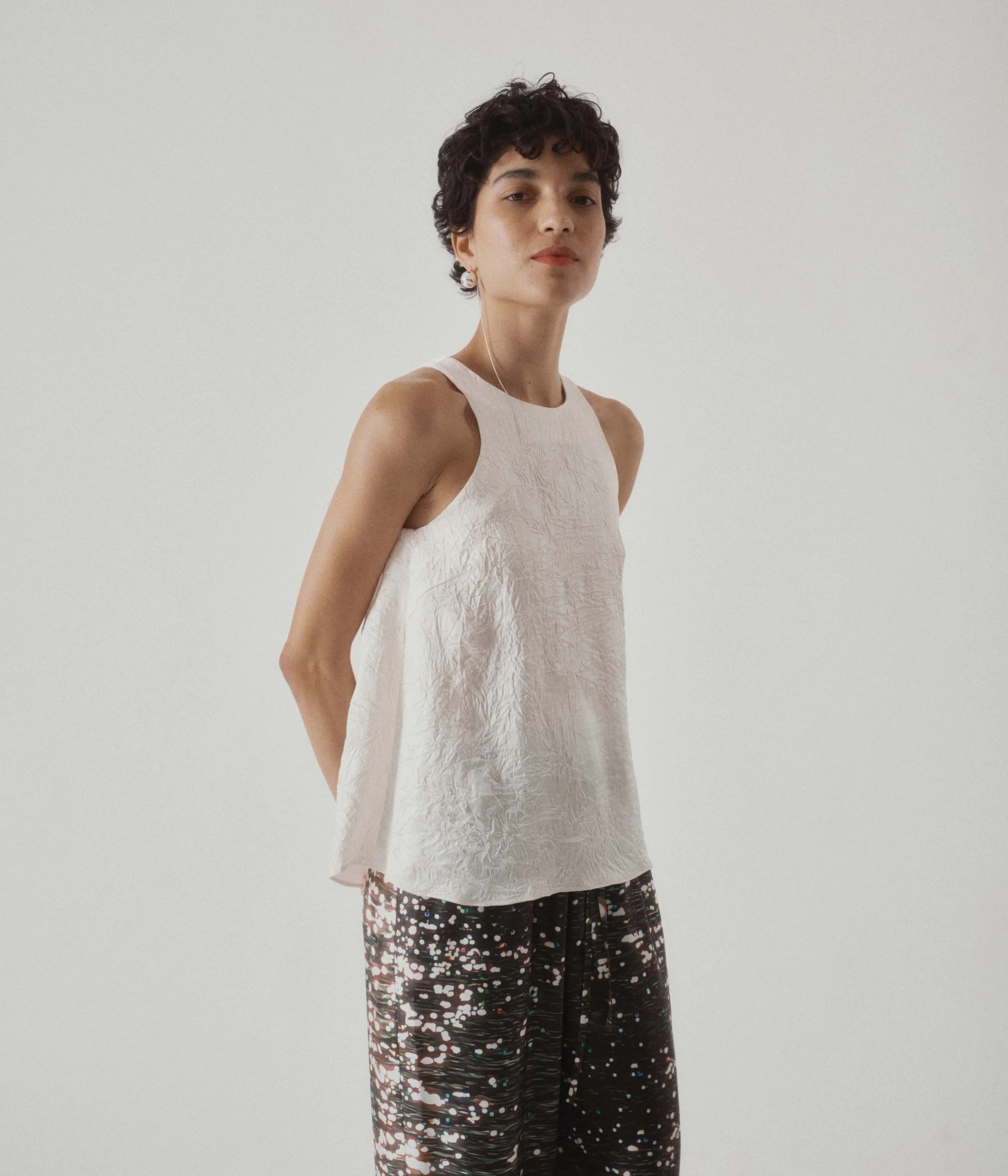 Crinkled Satin Tank in Cream