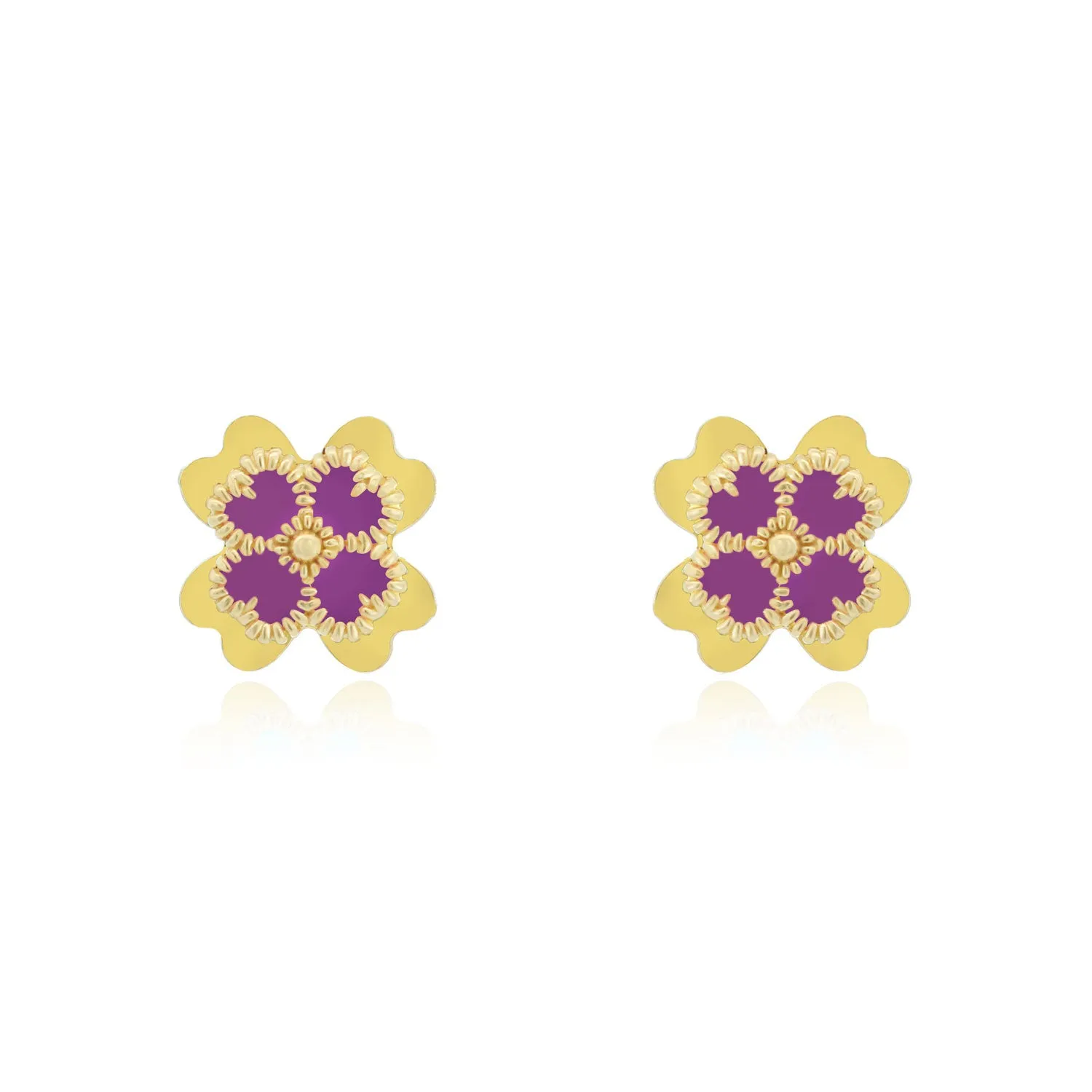 Dark Purple Enamel Four Leaf Clover Stud Earrings