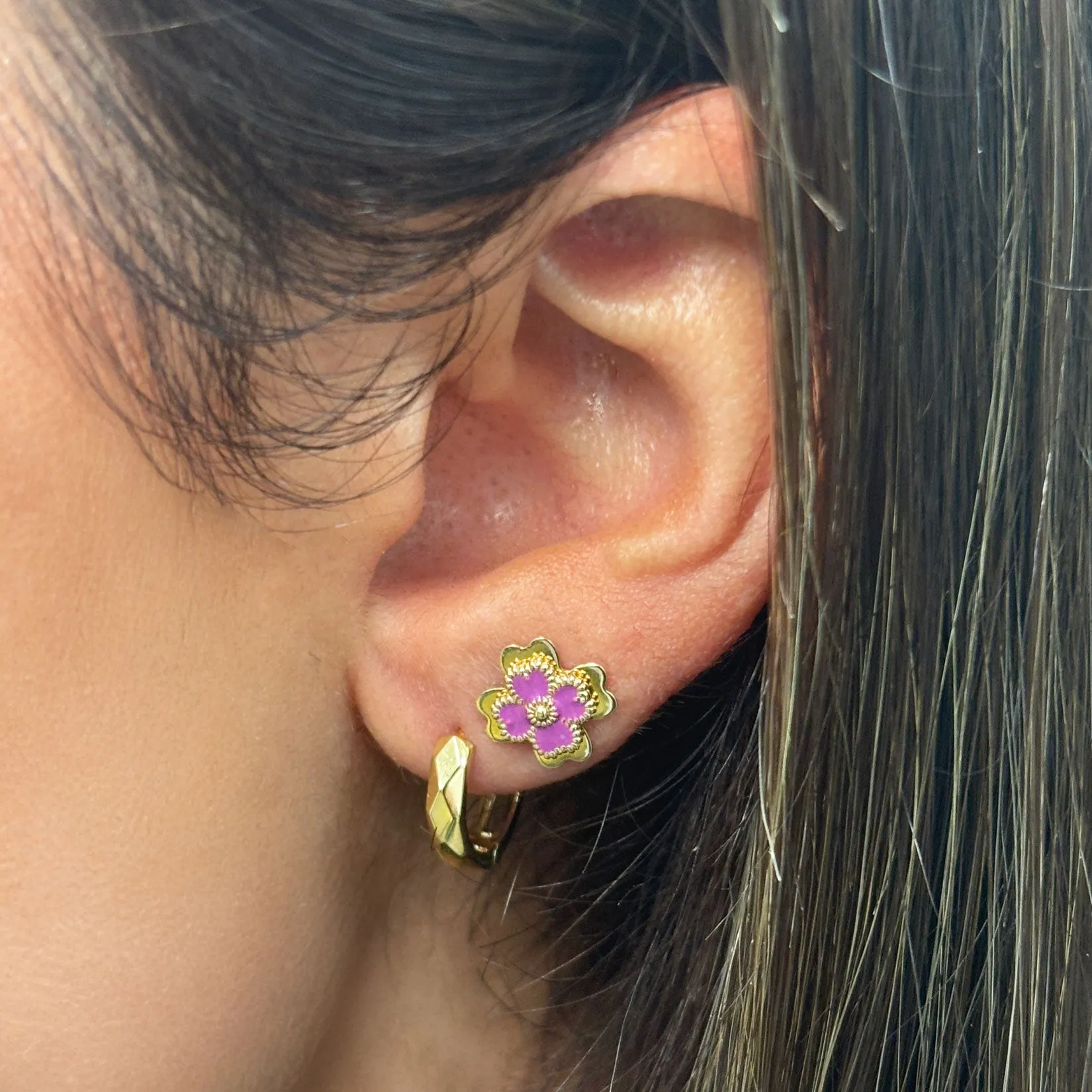 Dark Purple Enamel Four Leaf Clover Stud Earrings