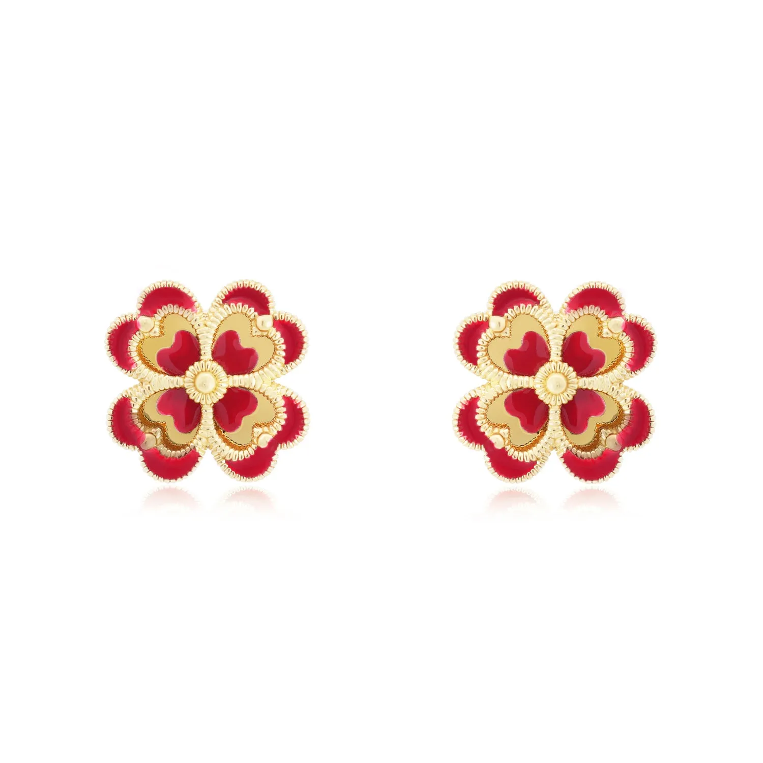 Dark Red Enamel and Gold Clover Earrings