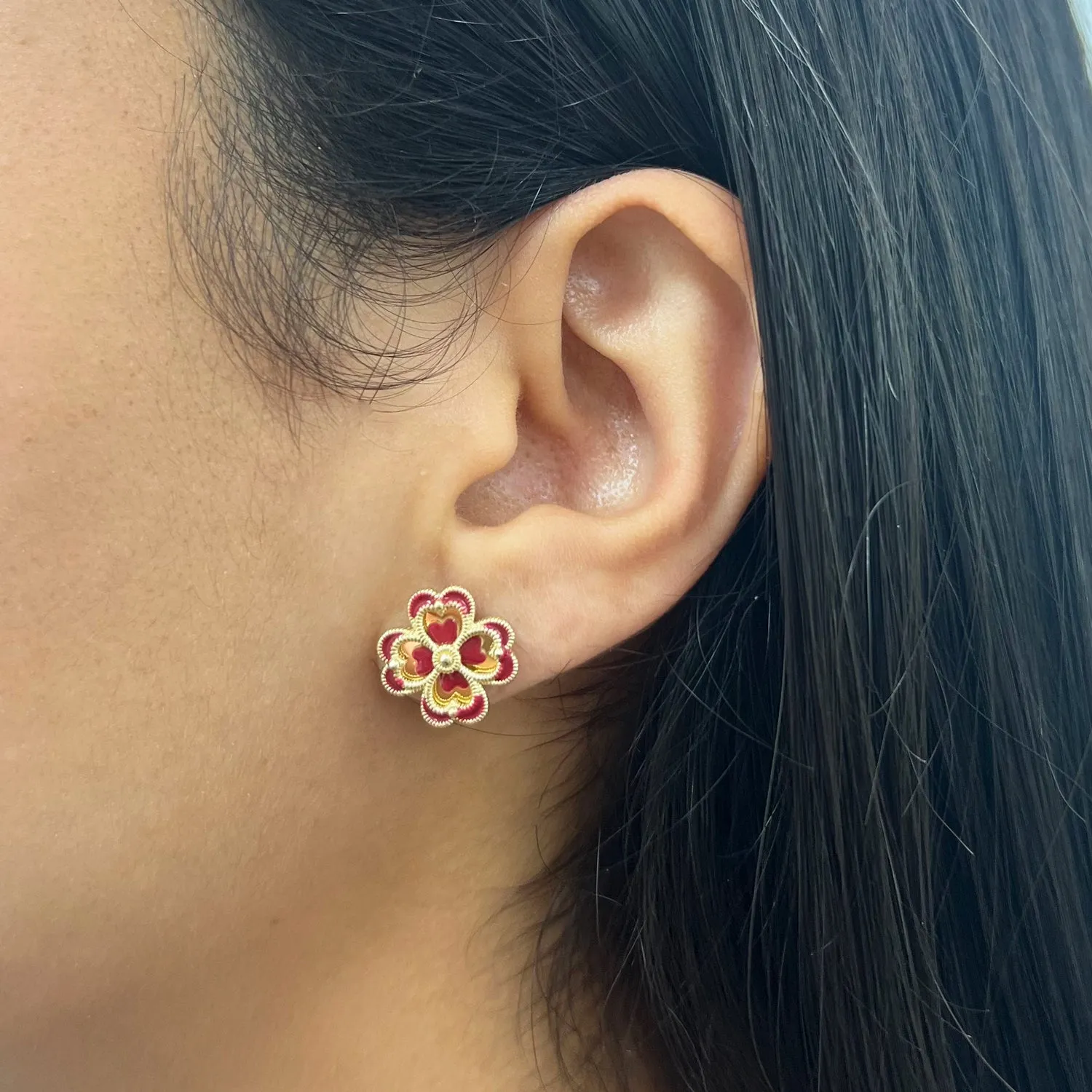 Dark Red Enamel and Gold Clover Earrings