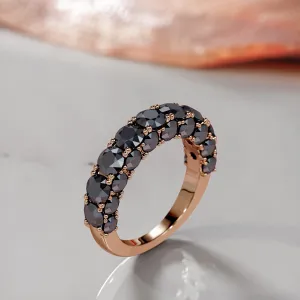 Darkening Twilight 3-Row Wedding Ring with Round Cut Natural Black Diamonds