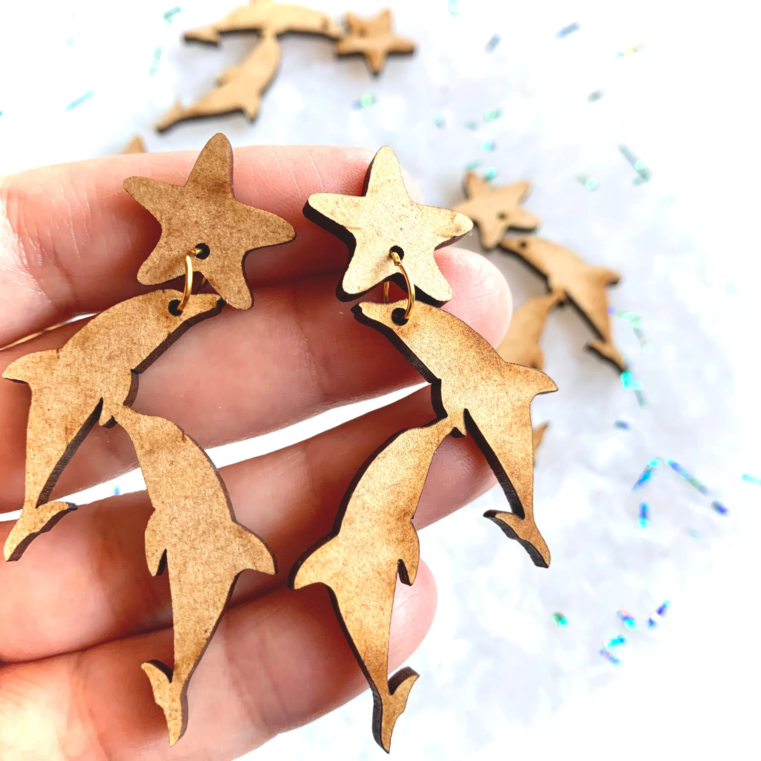 Delfines y estrellas de mar, ideales para earrings, madera/ realiza 4 Pares, 20mm y 55mm