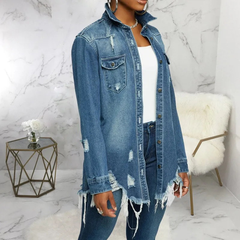 Denim Button Detail Fringe Hem Coat