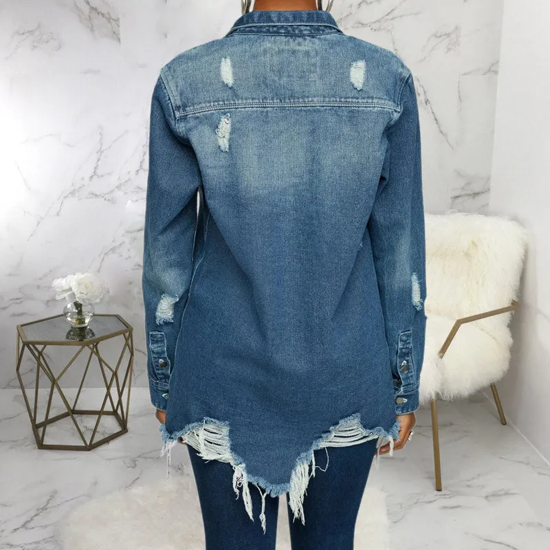 Denim Button Detail Fringe Hem Coat