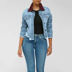 Denim Plaid Patchwork Button Design Long Sleeve Coat