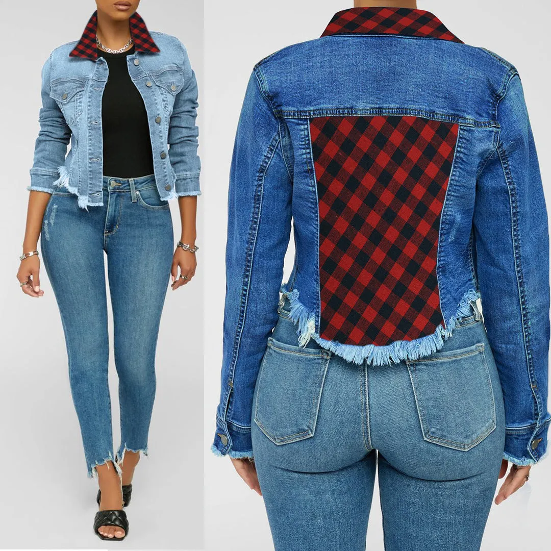 Denim Plaid Patchwork Button Design Long Sleeve Coat