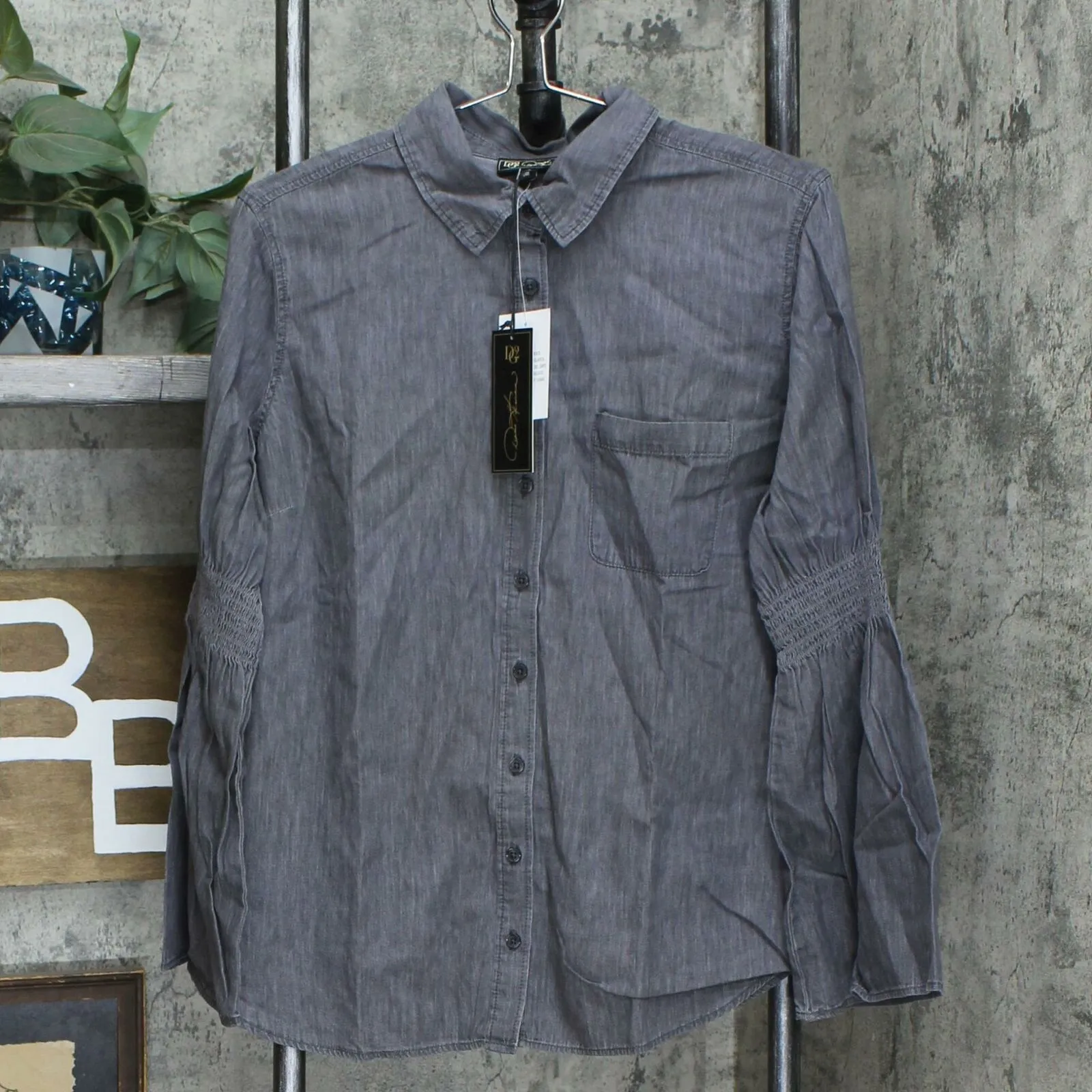 DG2 by Diane Gilman Women's Smocked Boyfriend Chambray Denim Shirt