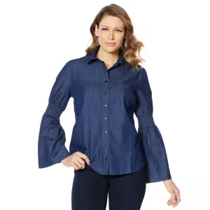 DG2 by Diane Gilman Women's Smocked Boyfriend Chambray Denim Shirt
